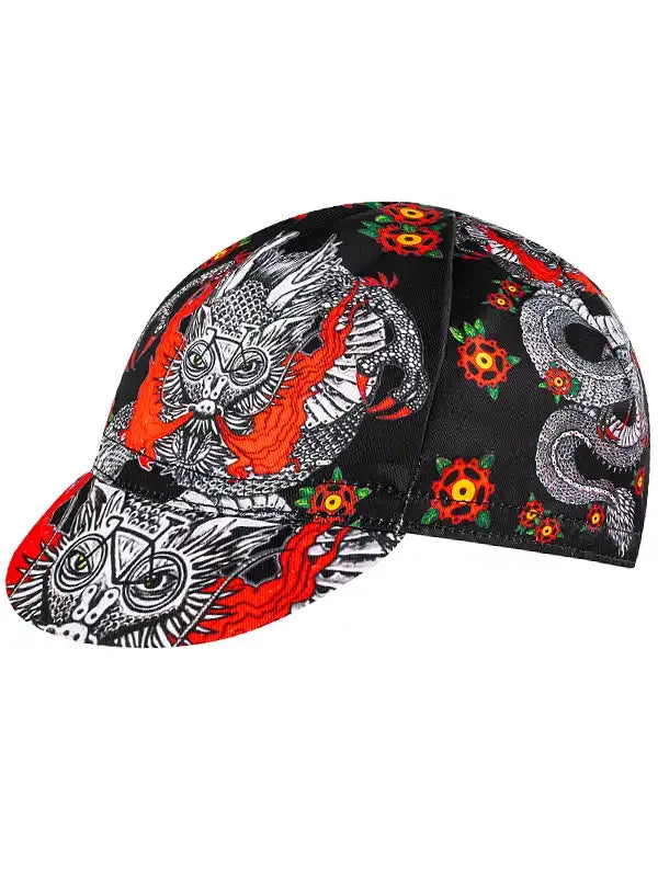 Black cycling cap with bold dragon and floral print, ideal for men's and women's bike rides