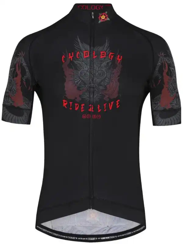 Black men's cycling jersey with red 'Cycology Ride 2 Live' graphic and dragon sleeves, performance fabric