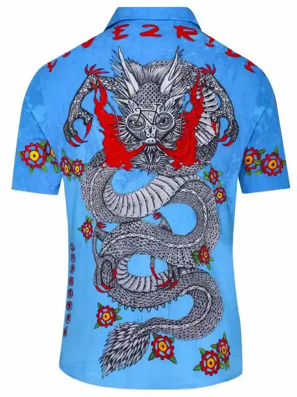 Blue cycling shirt with dragon graphic, red flames, floral details, and bold back print for men's bike wear