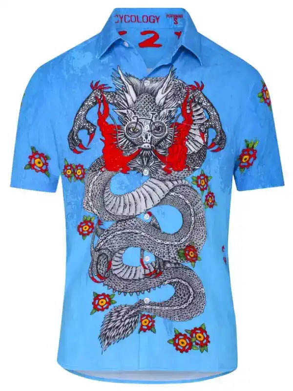 Blue cycling shirt with dragon and floral design, unique men's bike apparel