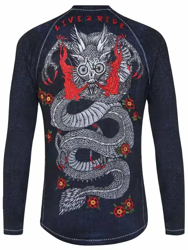 Men's cycling jersey with dragon graphic, red flames, and 'LIVE 2 RIDE' text on back