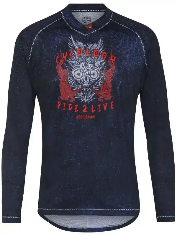 Men's long sleeve cycling jersey with bold owl graphic and 'Ride 2 Live' print, ideal for mountain biking adventures.