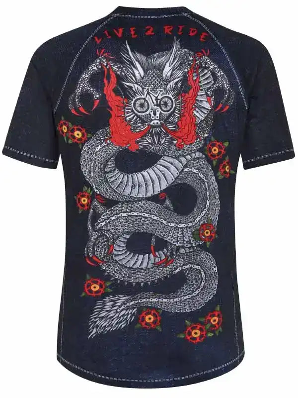 Men's cycling t-shirt with dragon graphic, red flames, and 'LIVE 2 RIDE' text, ideal for bike rides and outdoor adventures.