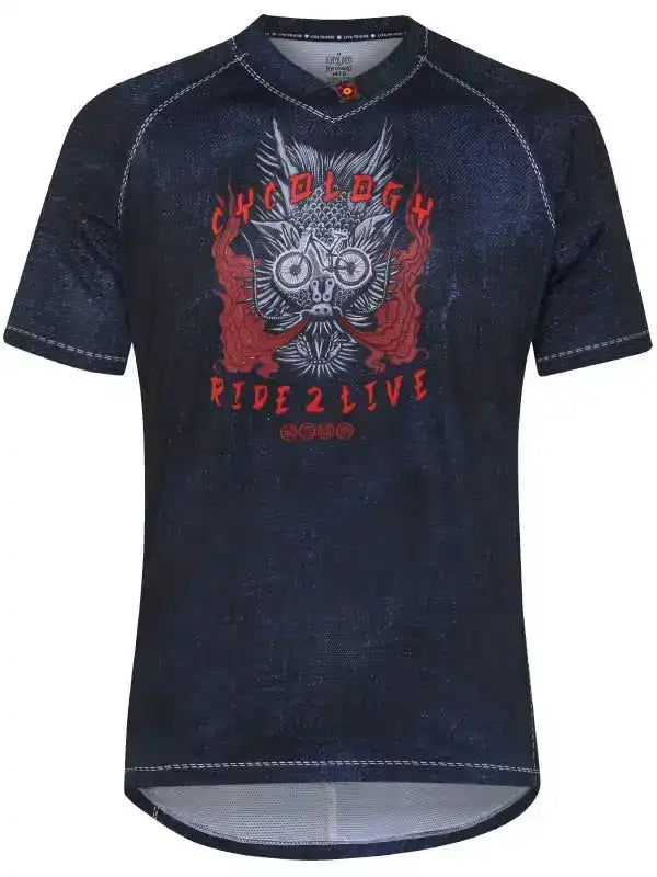 Men's cycling jersey with skull and bike graphic, 'Ride 2 Live' text, dark denim-style fabric