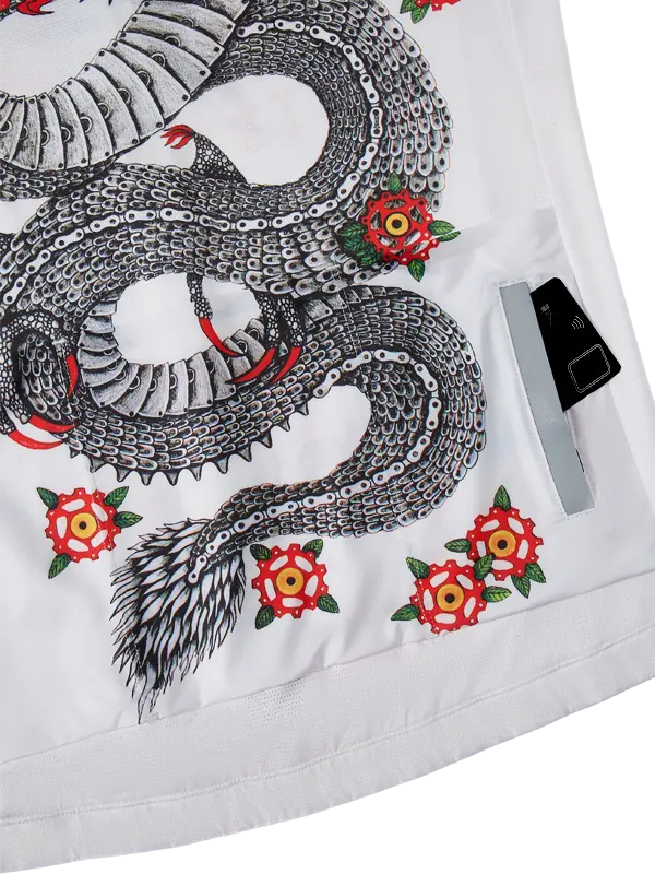 White cycling jersey with a dragon graphic and the text and back zip pocket 