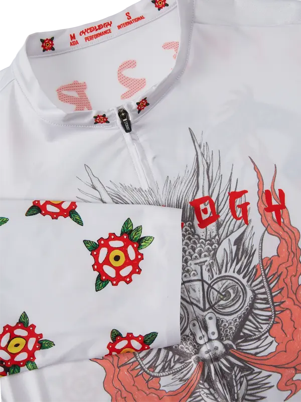 White cycling jersey with a dragon graphic and the text ' RIDE 2 LIVE' on the front, along with floral designs on the sleeves.