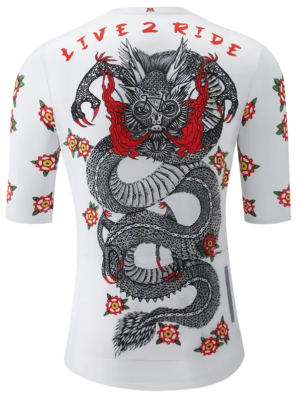 White cycling jersey with a dragon graphic and the text ' RIDE 2 LIVE' on the front, along with floral designs on the sleeves.