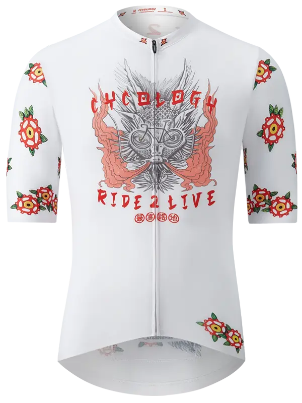 White cycling jersey with a dragon graphic and the text ' RIDE 2 LIVE' on the front, along with floral designs on the sleeves.