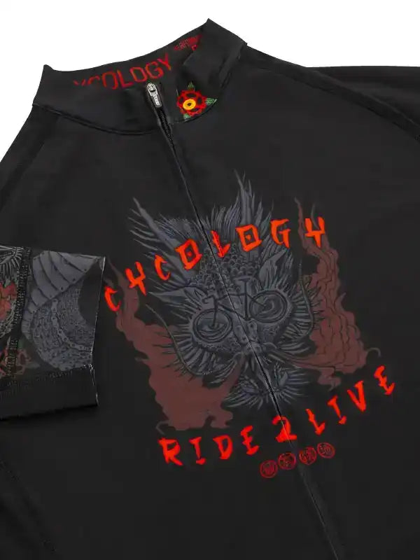 Black cycling jersey with bold 'Cycology Ride 2 Live' graphic, red flame design, and zipper detail