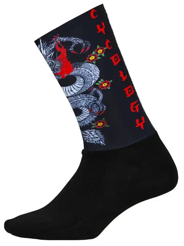 Black cycling sock with red dragon design and floral accents, ideal for men's and women's bike rides