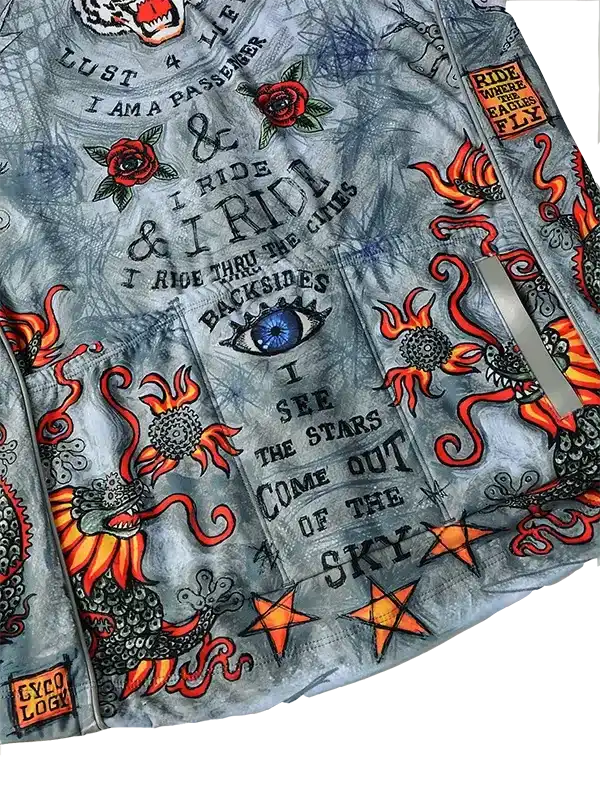 Men's cycling jacket with bold tattoo-style graphics, flames, roses, and stars on grey fabric
