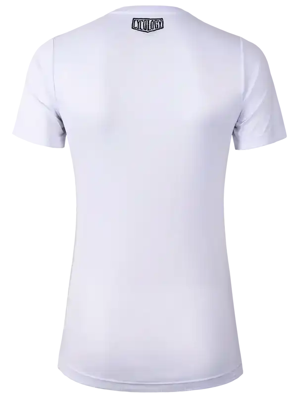 White cycling t-shirt with small logo at neckline, designed for men and women