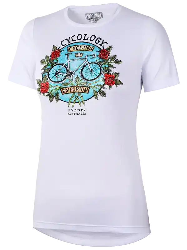 White women's cycling t-shirt with floral bike graphic, 'Cycology Cycling Emporium Sydney Australia' print
