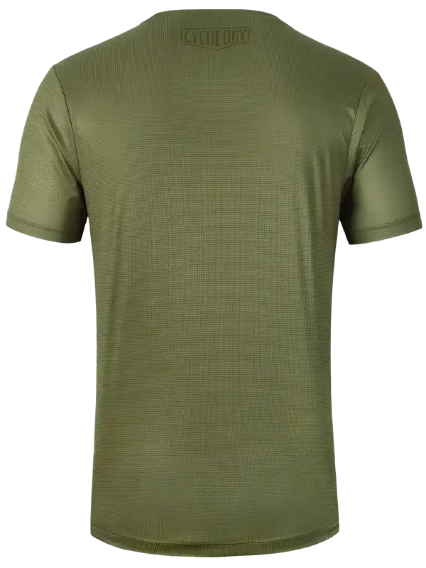 Olive green men's cycling jersey with textured fabric and subtle brand logo on back