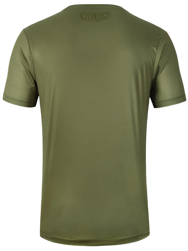 Green  tech t-shirt with a brand logo on the back 