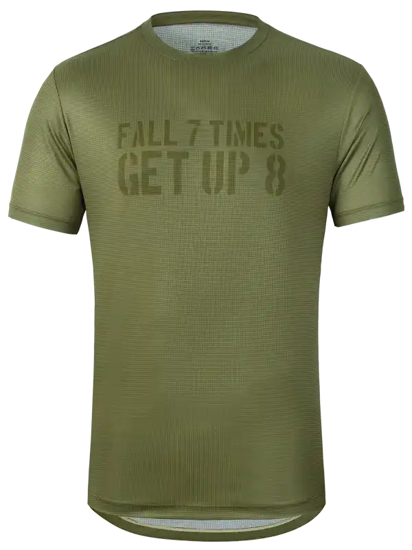 Olive green cycling jersey with 'Fall 7 Times Get Up 8' text, breathable fabric, men's bike wear