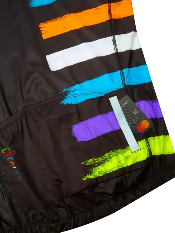 Black cycling jersey with vibrant rainbow brushstroke stripes and zipper detail