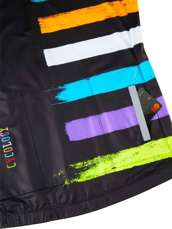 Close-up of Far Horizon Black Short Sleeve Men's Reborn Jersey with  colorful horizontal stripes on a black background
