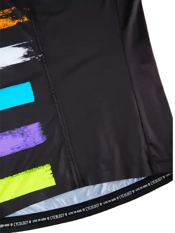 Black cycling shorts with colorful brushstroke design and 'Live to Ride' waistband