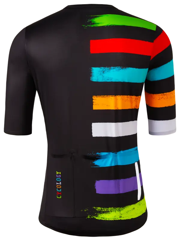 Black cycling jersey with colorful stripes