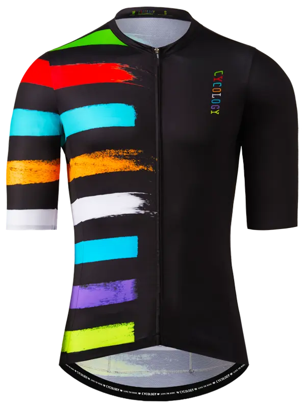 Far Horizon Black Short Sleeve Men's Reborn Cycling jersey with colorful horizontal stripes on a black background