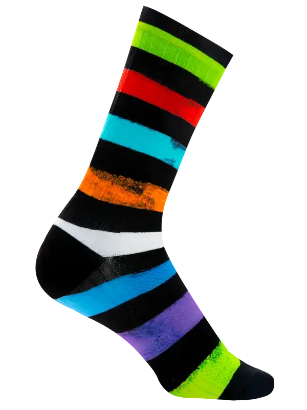 Colorful striped cycling sock with vibrant rainbow bands, designed for comfort and style on rides.