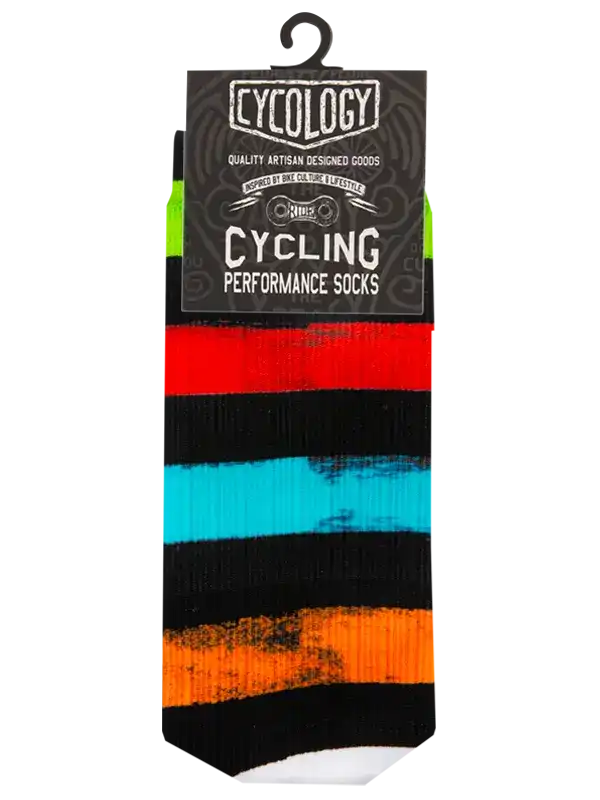 Cycling performance socks with colorful stripes, designed for bike culture and lifestyle