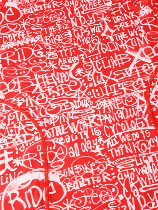 Red long-sleeve cycling base layer with white text and graphics 