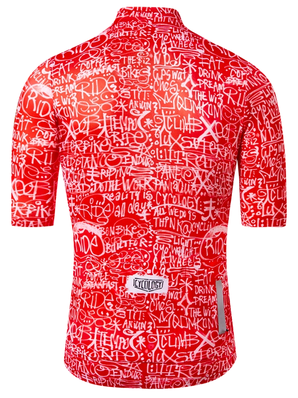 Red cycling jersey with white text pattern