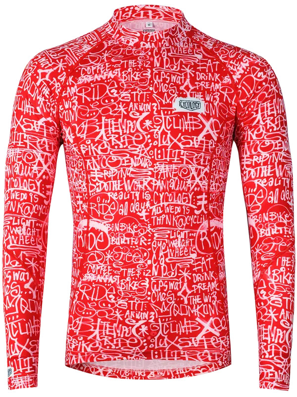 Long-sleeve cycling base layer with red and white graphic design
