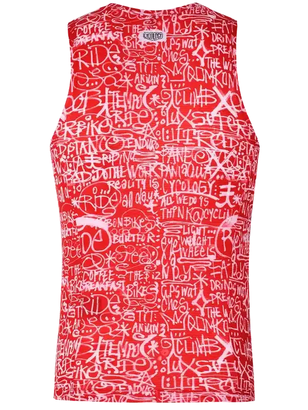 Red sleeveless cycling jersey with white graffiti-style text print, featuring cycling phrases and bold design.