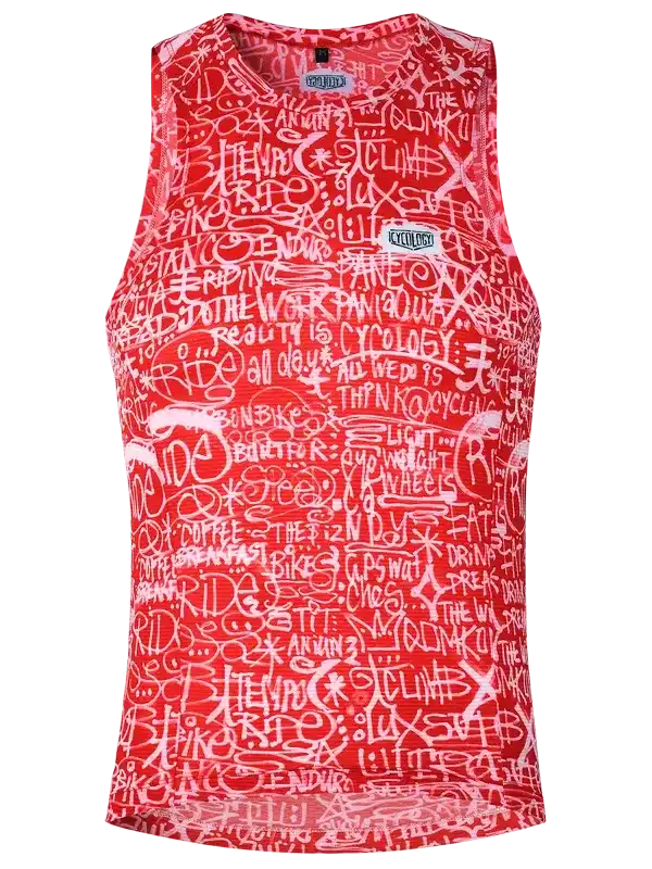 Red cycling jersey with white graffiti-style text, featuring cycling phrases and bold design for men's or women's rides.