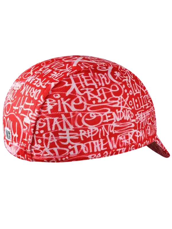 Red cycling cap with white graffiti-style text, designed for men and women riders