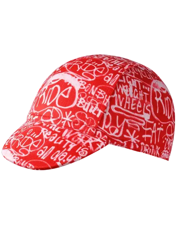 Red cycling cap with white graffiti-style ride slogans, ideal for bike rides and outdoor adventures.