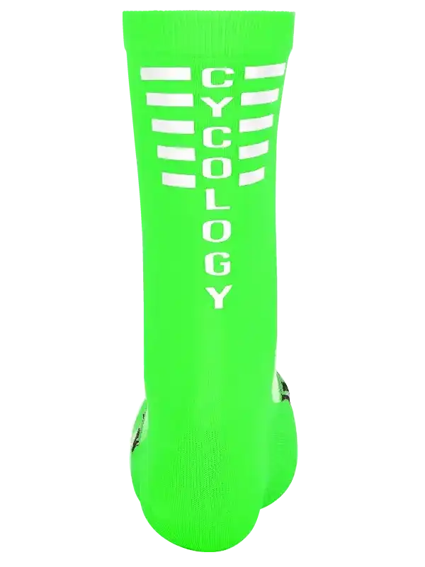 Bright green cycling sock with white 'CYCOLOGY' text and stripe design, ideal for men's and women's bike rides.