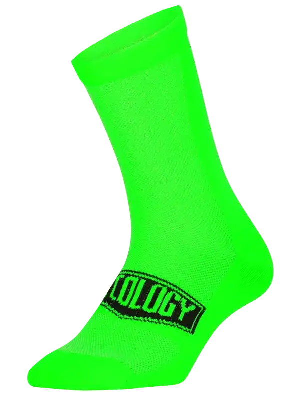 Bright neon green cycling sock with black logo, ideal for men's and women's bike rides