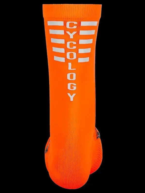 Bright orange cycling sock with white 'CYCOLOGY' lettering and stripes, designed for men's and women's bike rides.