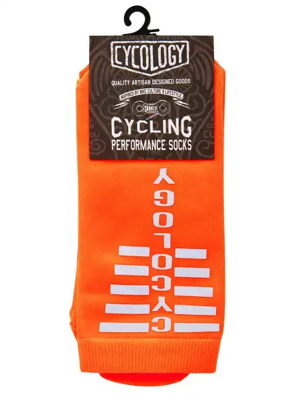 Bright orange cycling performance socks with bold white 'CYCOLOGY' branding, ideal for bike culture enthusiasts.