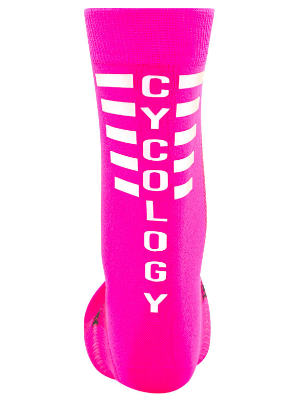 A single bright pink cycling sock with reflective ink vertical text reading 'CYCOLOGY' and white stripe graphics on the side.