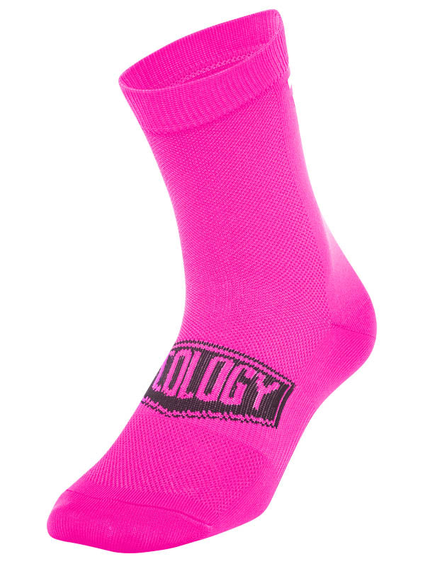 A single bright pink cycling sock with a relective  'CYCOLOGY' graphic on the back.