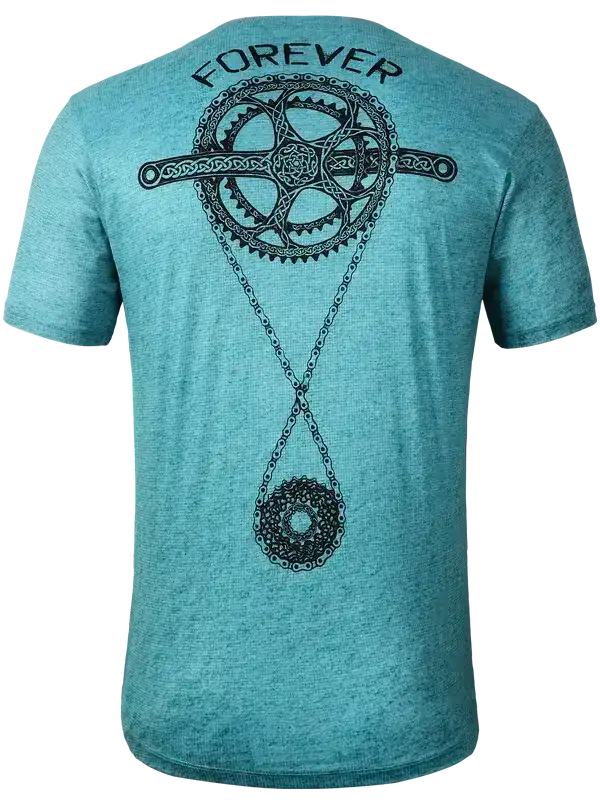 Men's teal cycling t-shirt with 'FOREVER' and bike chainring graphic design