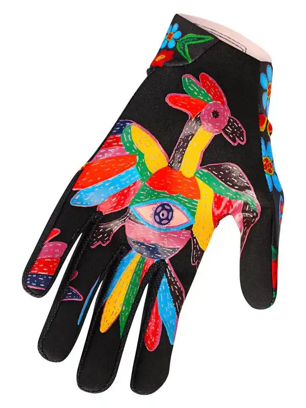 Colorful cycling glove with vibrant bird and eye design, perfect for men's and women's bike rides.