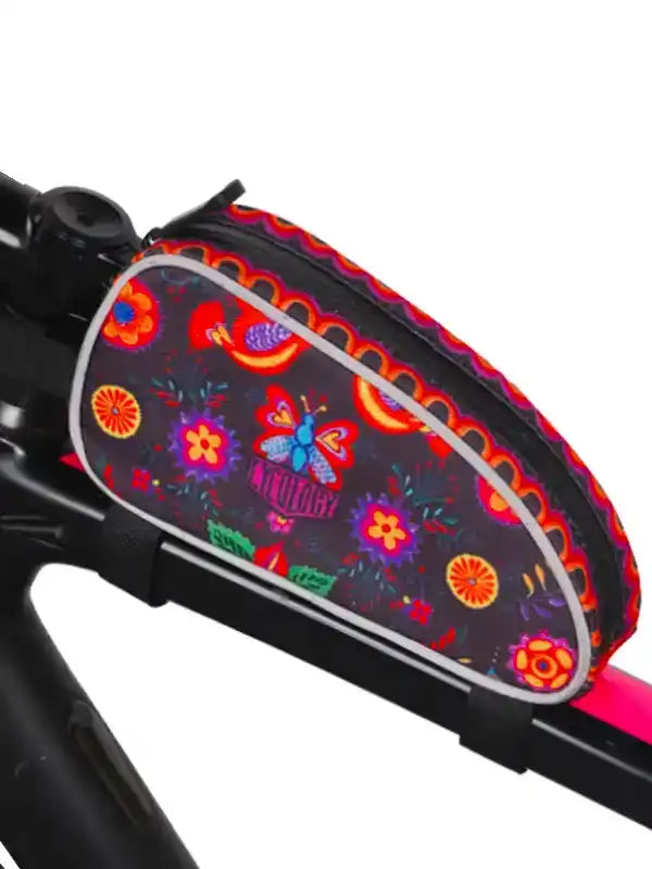 Colorful floral bike frame bag with butterfly design, perfect for cycling gear storage