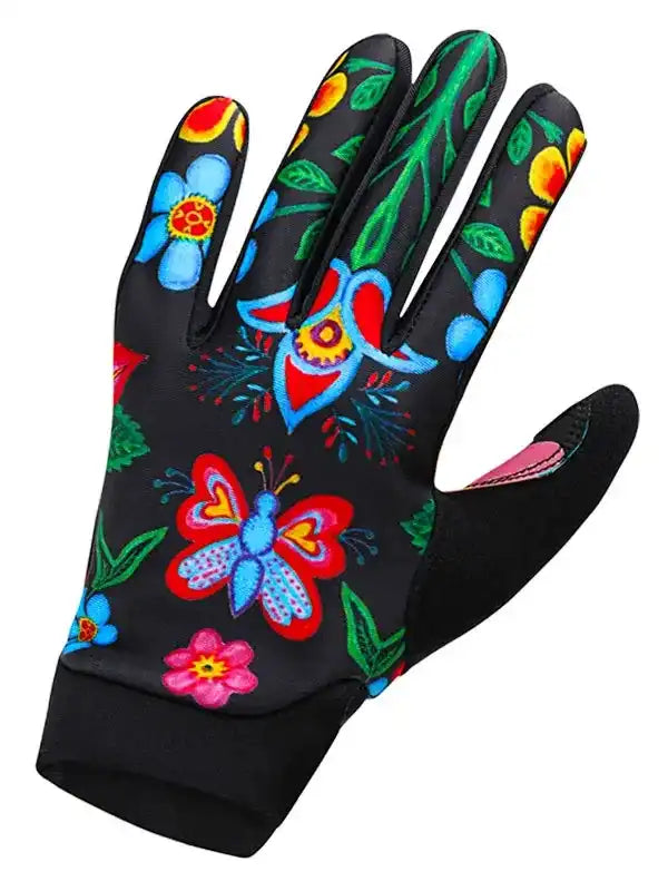 Colorful floral and butterfly print cycling glove with touchscreen tip, black base, vibrant design