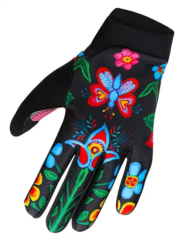 Black cycling glove with vibrant floral and butterfly print, ideal for women's bike rides