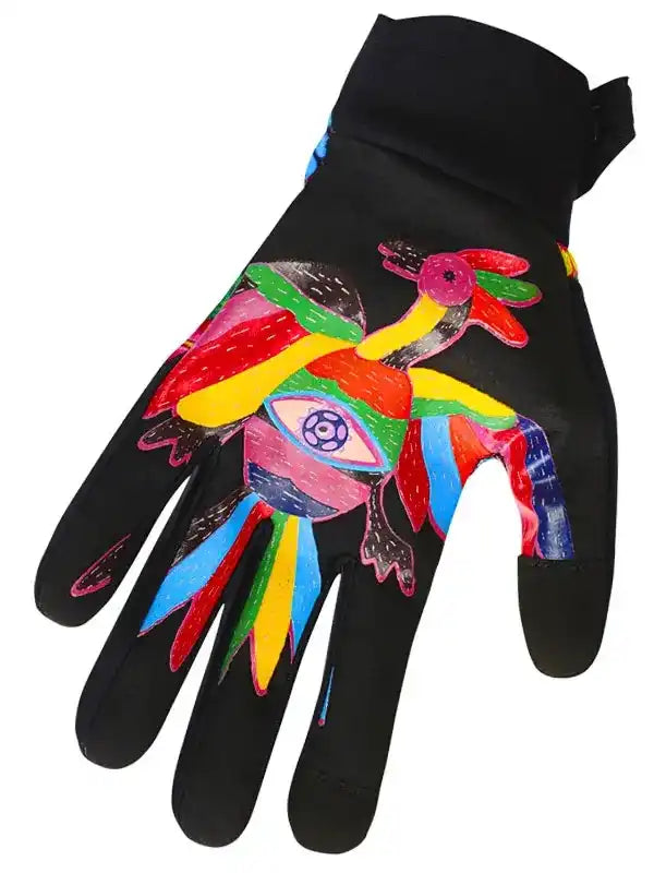Black cycling glove with vibrant, colorful bird and eye design, ideal for men's and women's bike rides