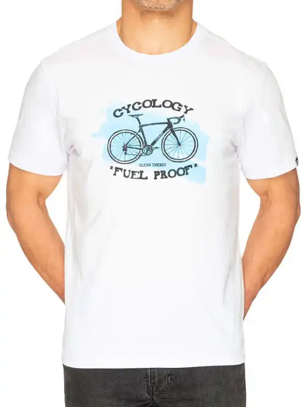 White men's cycling t-shirt with bike graphic, 'Cycology' and 'Fuel Proof' text, ideal for bike rides and active wear.