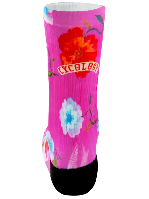 Pink floral cycling sock with 'CYCOLOGY' logo, black toe, vibrant flower print for bike rides