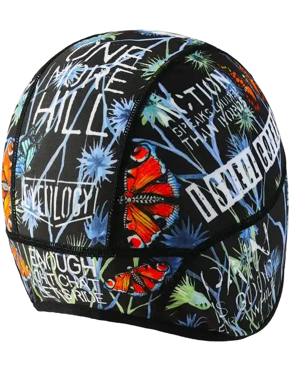 Black cycling cap with colorful butterflies and motivational text, ideal for road bike rides