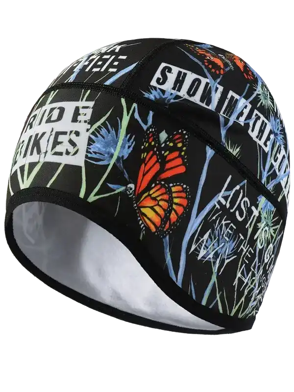 Black cycling skull cap with butterfly and 'RIDE BIKES' print, ideal for cyclists
